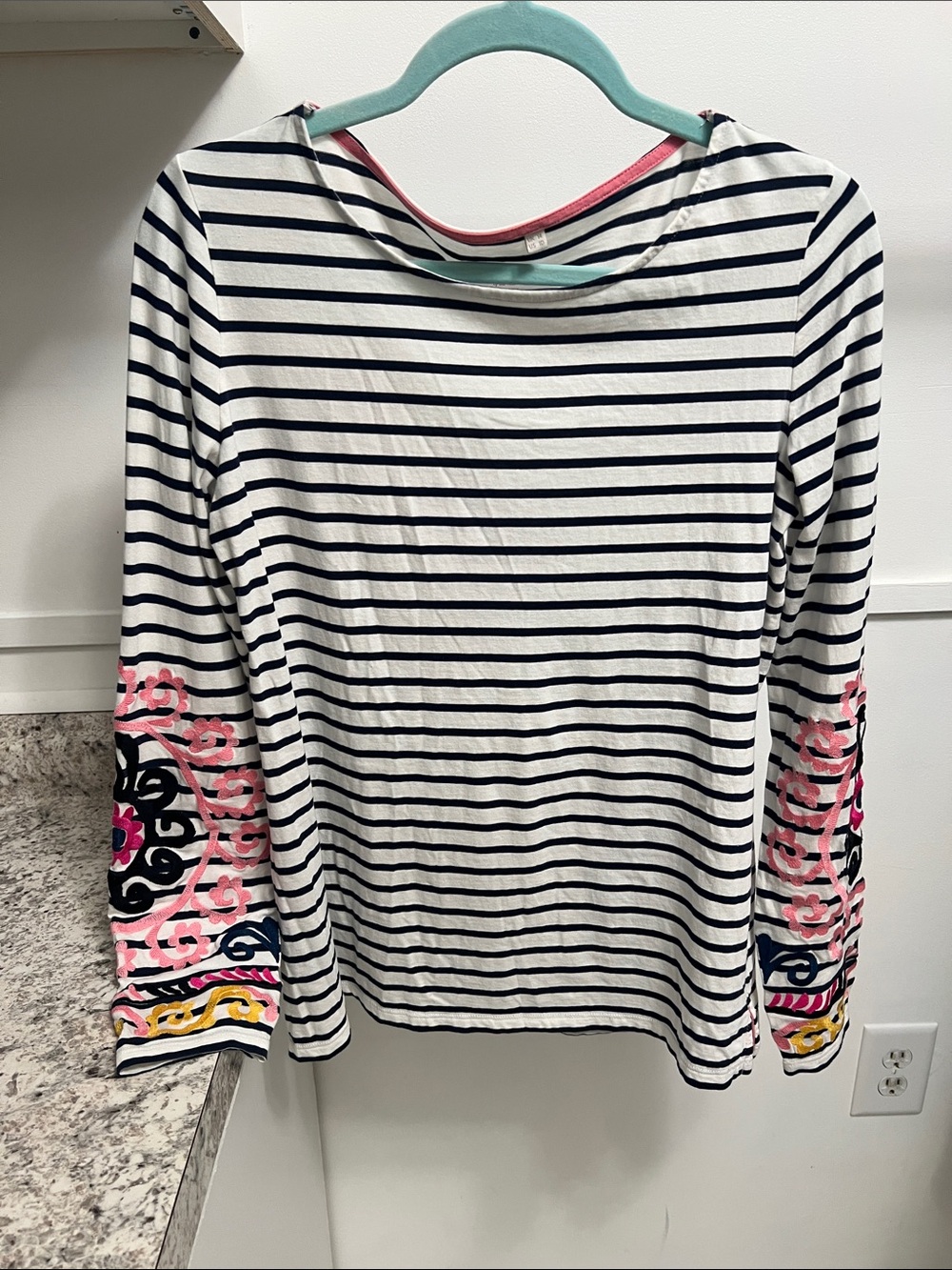 Boden Navy & White Striped Long-Sleeve Top with  Embroidered Sleeves